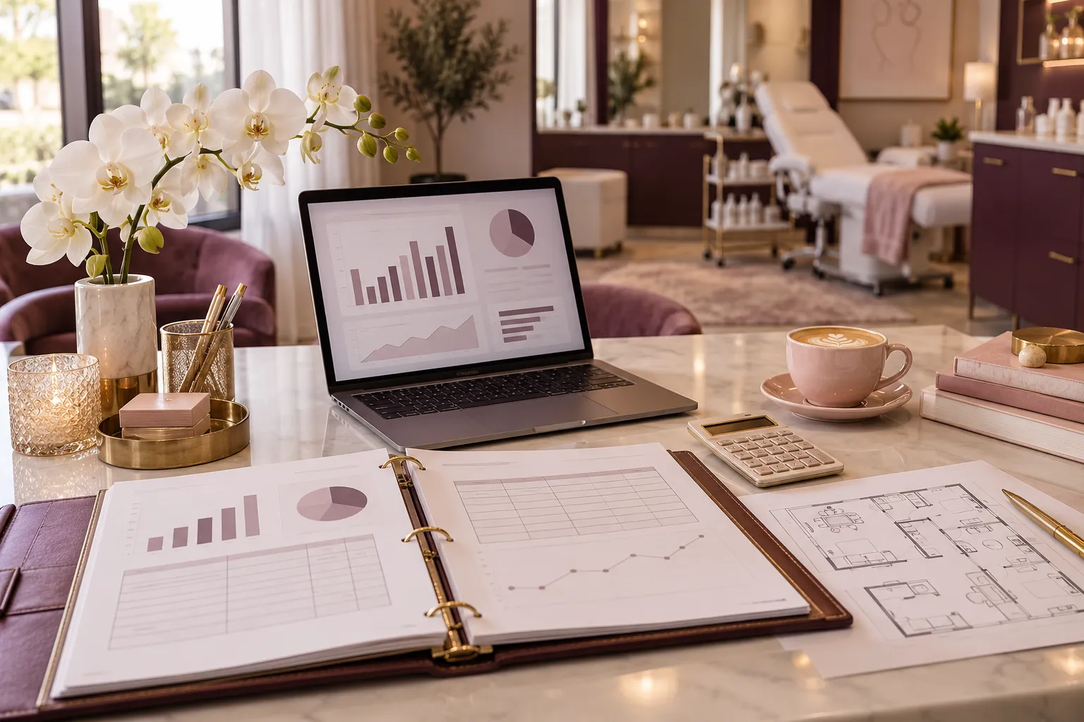 Med spa owner's desk with an open business plan binder, financial charts on a laptop and a clinic floor plan
