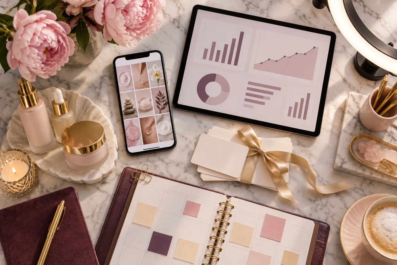 Med spa marketing flat-lay with a smartphone social grid, analytics tablet, skincare bottles, gift cards and a planner