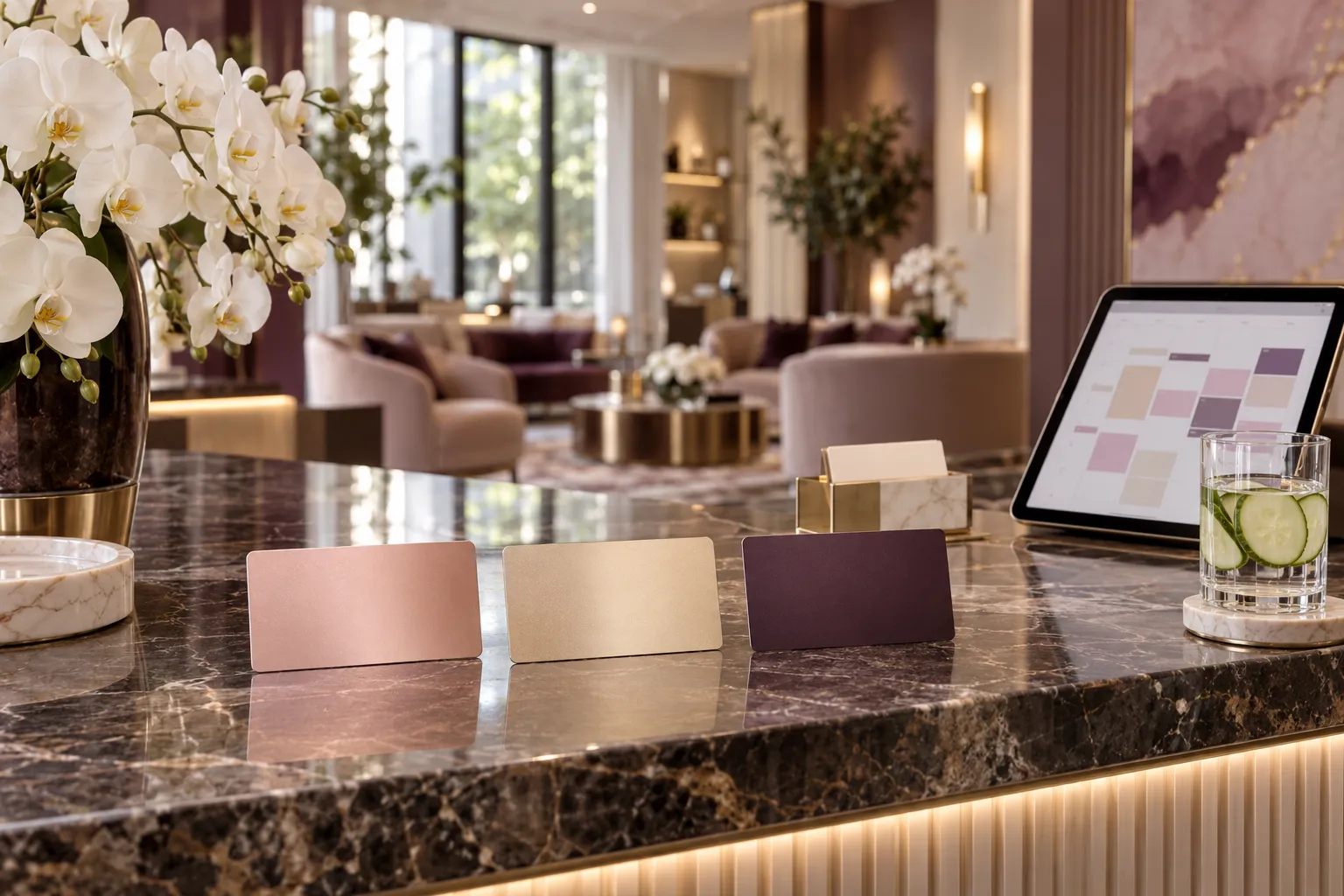 Three blank membership cards in rose gold, champagne and plum on a marble med spa reception desk
